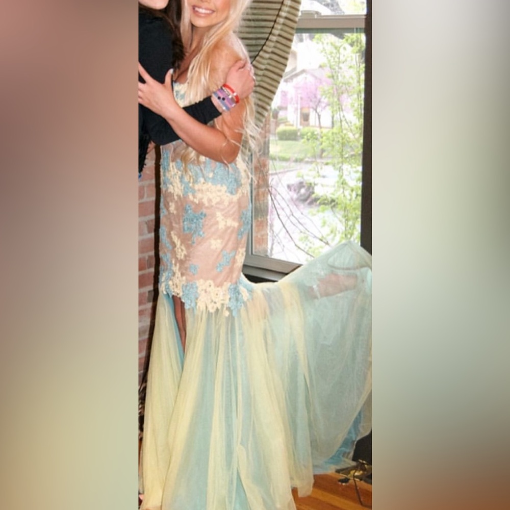 Sherri Hill Yellow and Blue high low tulle and corset prom dress. Size 4